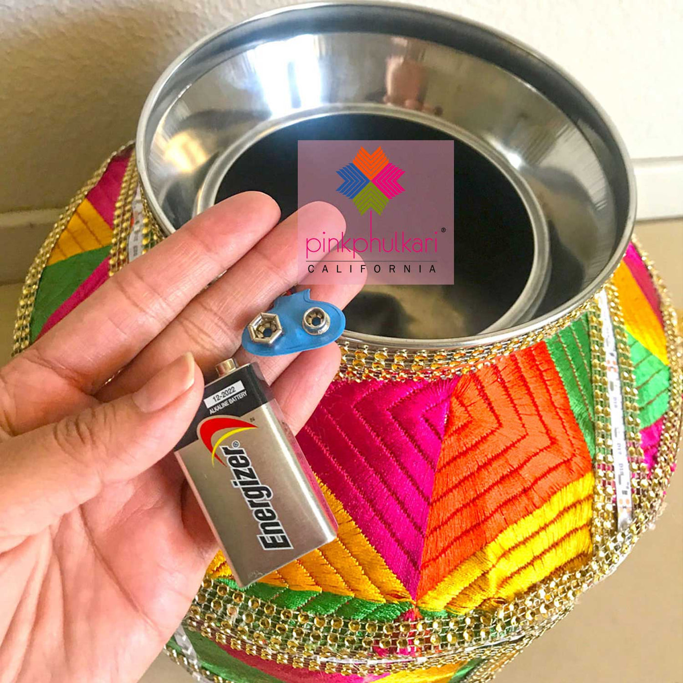 Stainless Steel Indian Wedding Jaago Pot Large Double with LED Lights at PinkPhulkari California