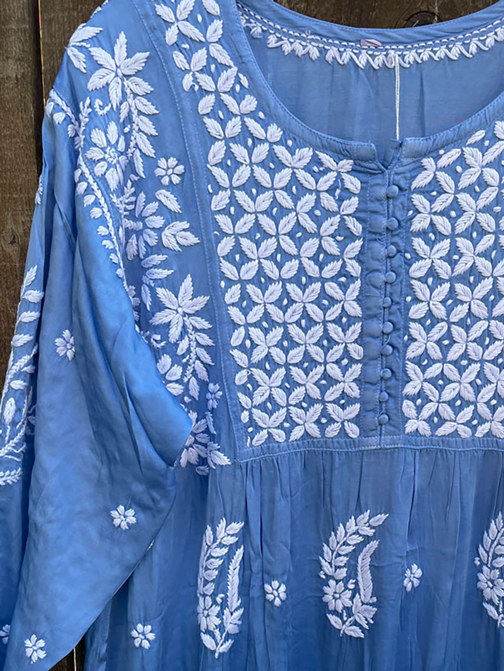 Women's Blue Satin Silk Long Gown Dress Hand Embroidered Lucknowi Chikankari Kurta at PinkPhulkari California