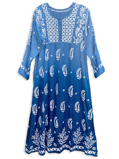 Women's Blue Satin Silk Long Gown Dress Hand Embroidered Lucknowi Chikankari Kurta at PinkPhulkari California