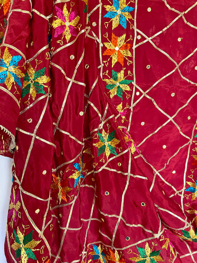 Women's Maroon Chinon Silk Gotta Patti Hand Embroidered Phulkari DupattaWomen's Maroon Chinon Silk Gotta Patti Hand Embroidered Phulkari Dupatta