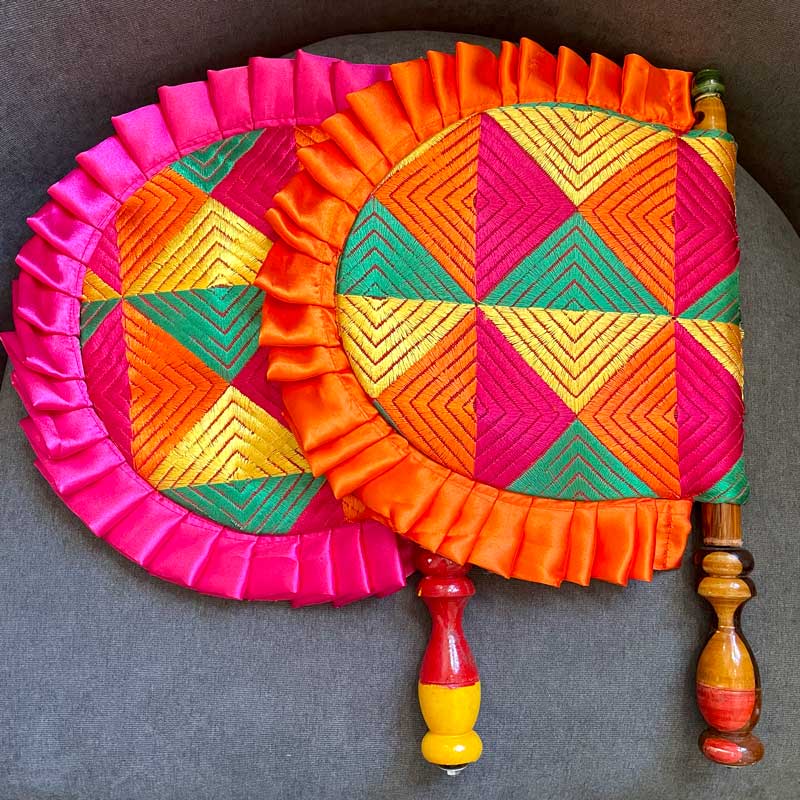 Jaago Wedding Decor Orange Satin Frill Phulkari Embroidery Pakhi Jaggo Handfan
