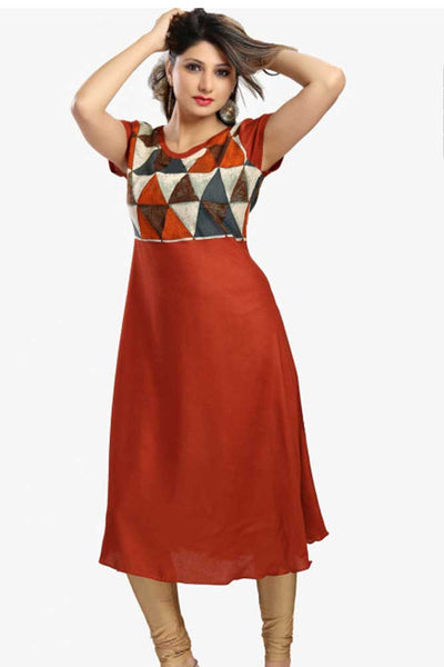 Brown A-line Rayon Kurti Dress - PinkPhulkari California