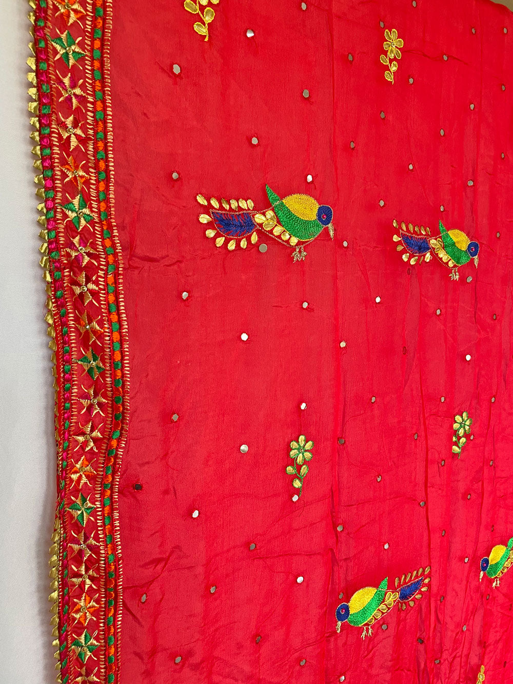 Women's Red Chinon Silk Gotta Patti Hand Embroidered Phulkari Dupatta at PinkPhulkari California