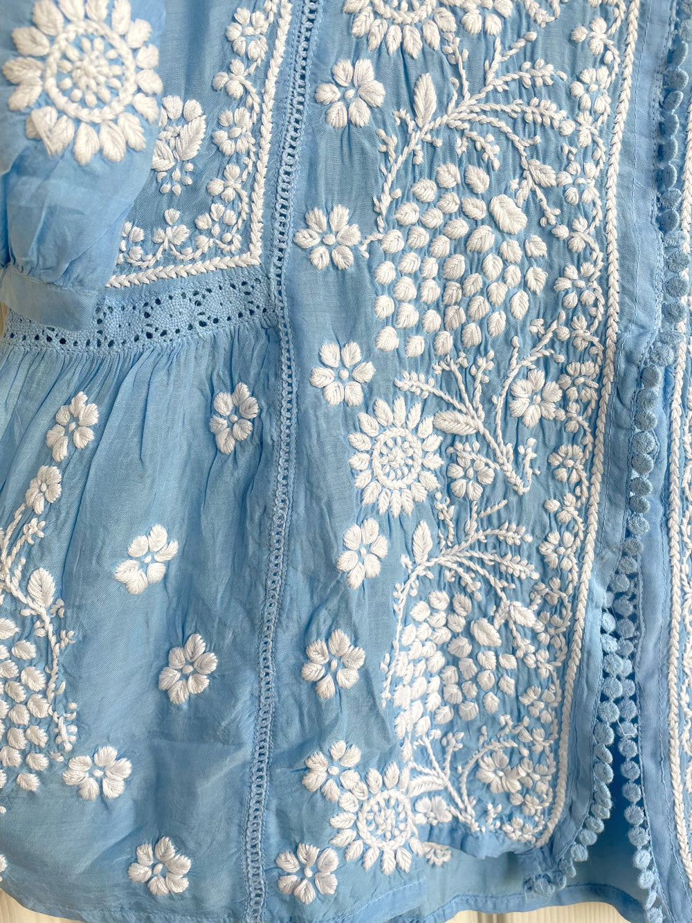 Women's Sky Blue Lucknowi Hand Embroidered Muslin Silk Short Kurti Dress PinkPhulkari California