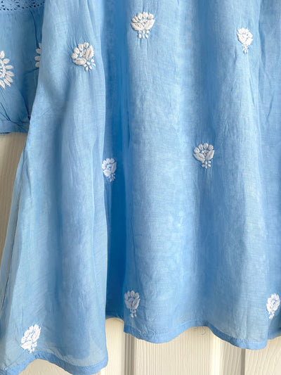 Women's Sky Blue Lucknowi Hand Embroidered Muslin Silk Short Kurti Dress PinkPhulkari CaliforniaWomen's Sky Blue Lucknowi Hand Embroidered Muslin Silk Short Kurti Dress PinkPhulkari California
