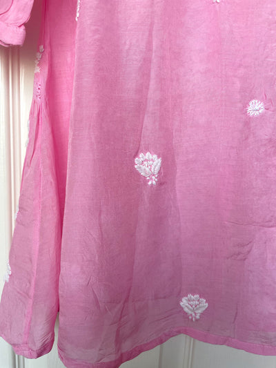 Women's Pink Lucknowi Hand Embroidered Muslin Silk Short Kurti Dress PinkPhulkari CaliforniaWomen's Pink Lucknowi Hand Embroidered Muslin Silk Short Kurti Dress PinkPhulkari California