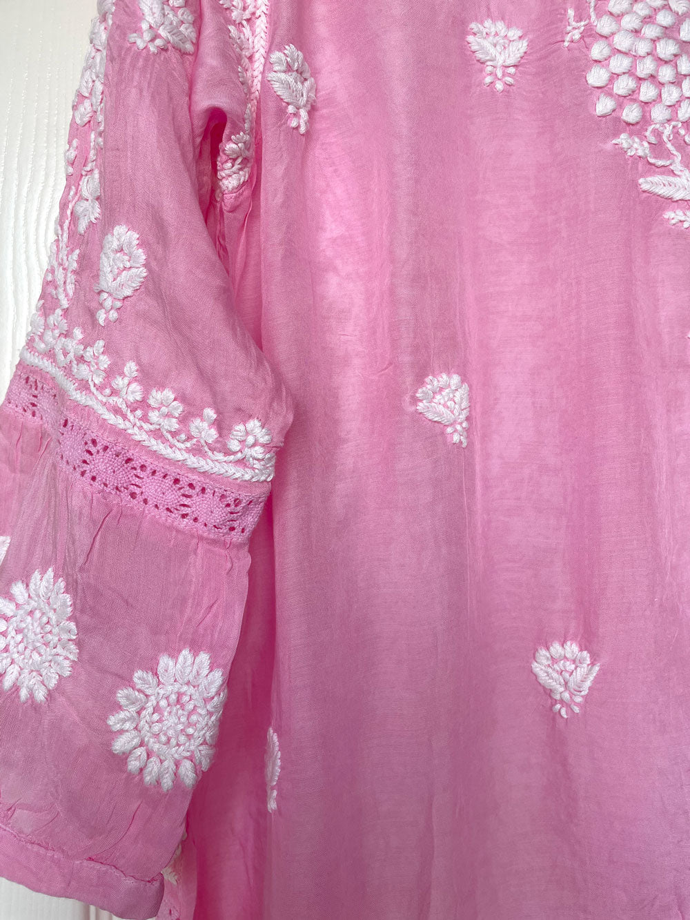 Women's Pink Lucknowi Hand Embroidered Muslin Silk Short Kurti Dress PinkPhulkari CaliforniaWomen's Pink Lucknowi Hand Embroidered Muslin Silk Short Kurti Dress PinkPhulkari California