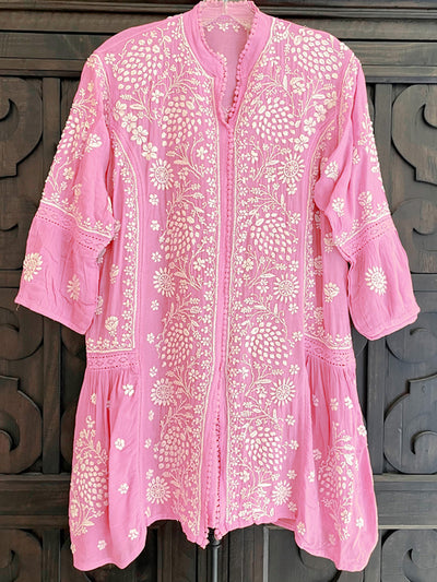 Women's Pink Lucknowi Hand Embroidered Muslin Silk Short Kurti Dress PinkPhulkari California