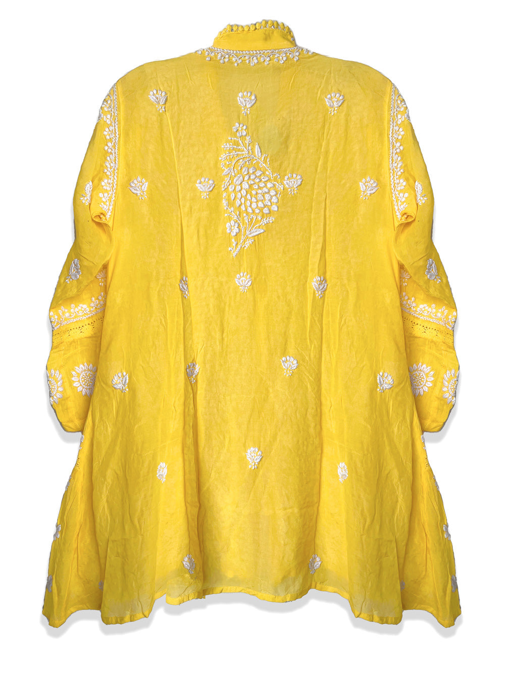 Women's Yellow Gold Lucknowi Hand Embroidered Muslin Silk Short Kurti Dress PinkPhulkari California