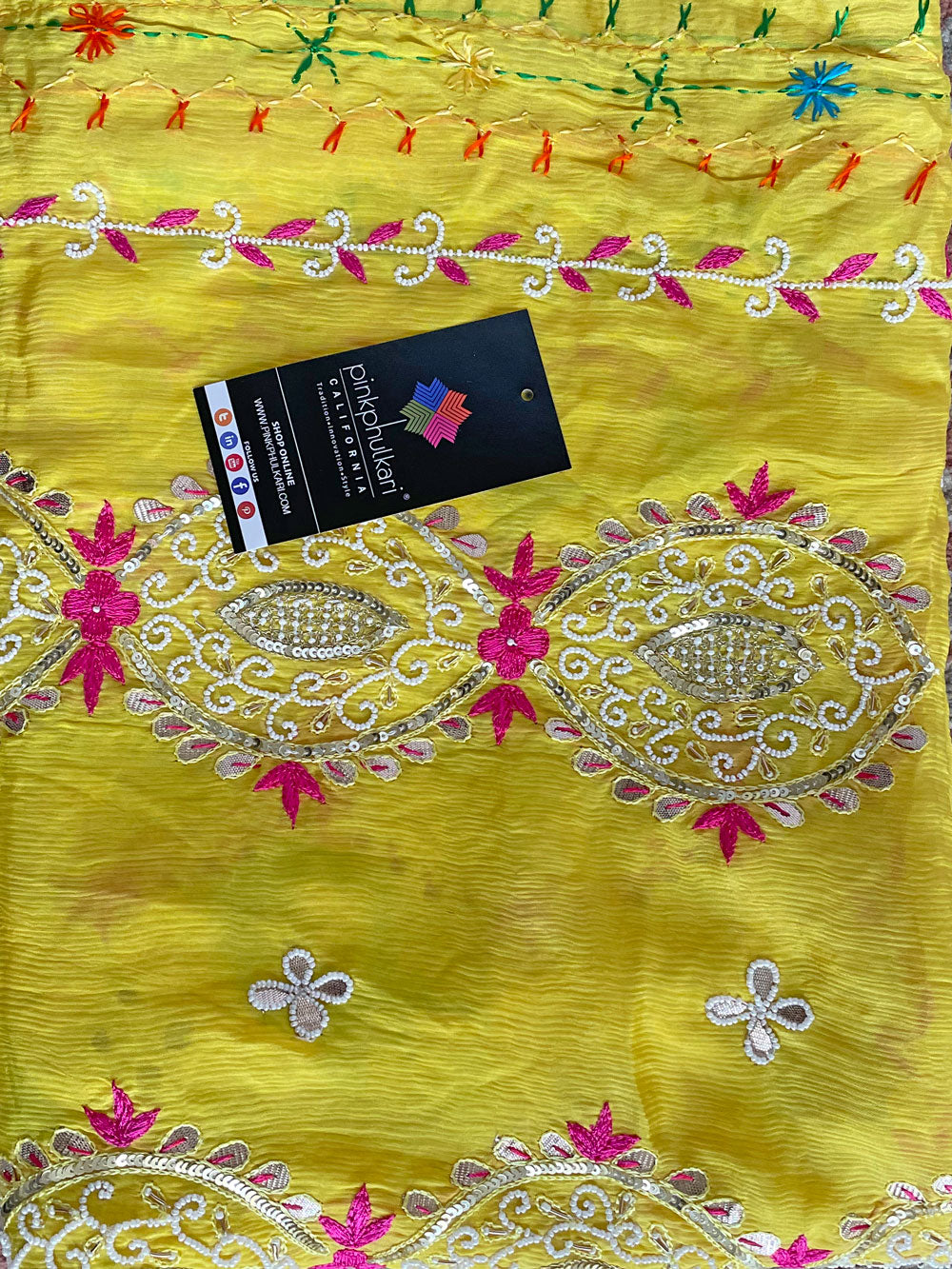 Women's Yellow Gold Pure Chinon Silk Gotta Patti Hand Embroidered Phulkari Dupatta at PinkPhulkari California