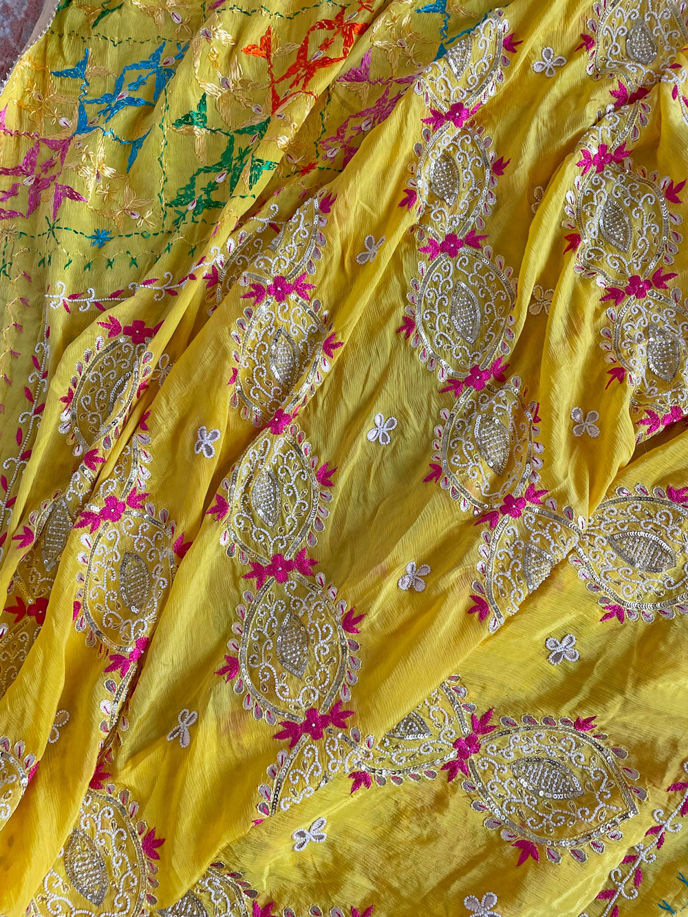 Women's Yellow Gold Pure Chinon Silk Gotta Patti Hand Embroidered Phulkari Dupatta at PinkPhulkari California