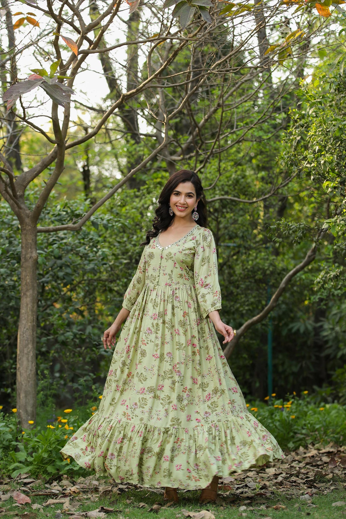 Green Muslin Silk Floral Anarkali Dress at PinkPhulkari California