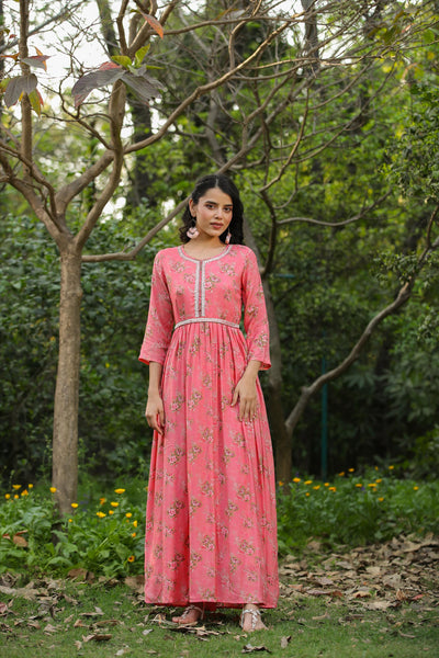Pink Muslin Silk Floral Anarkali Dress at PinkPhulkari California