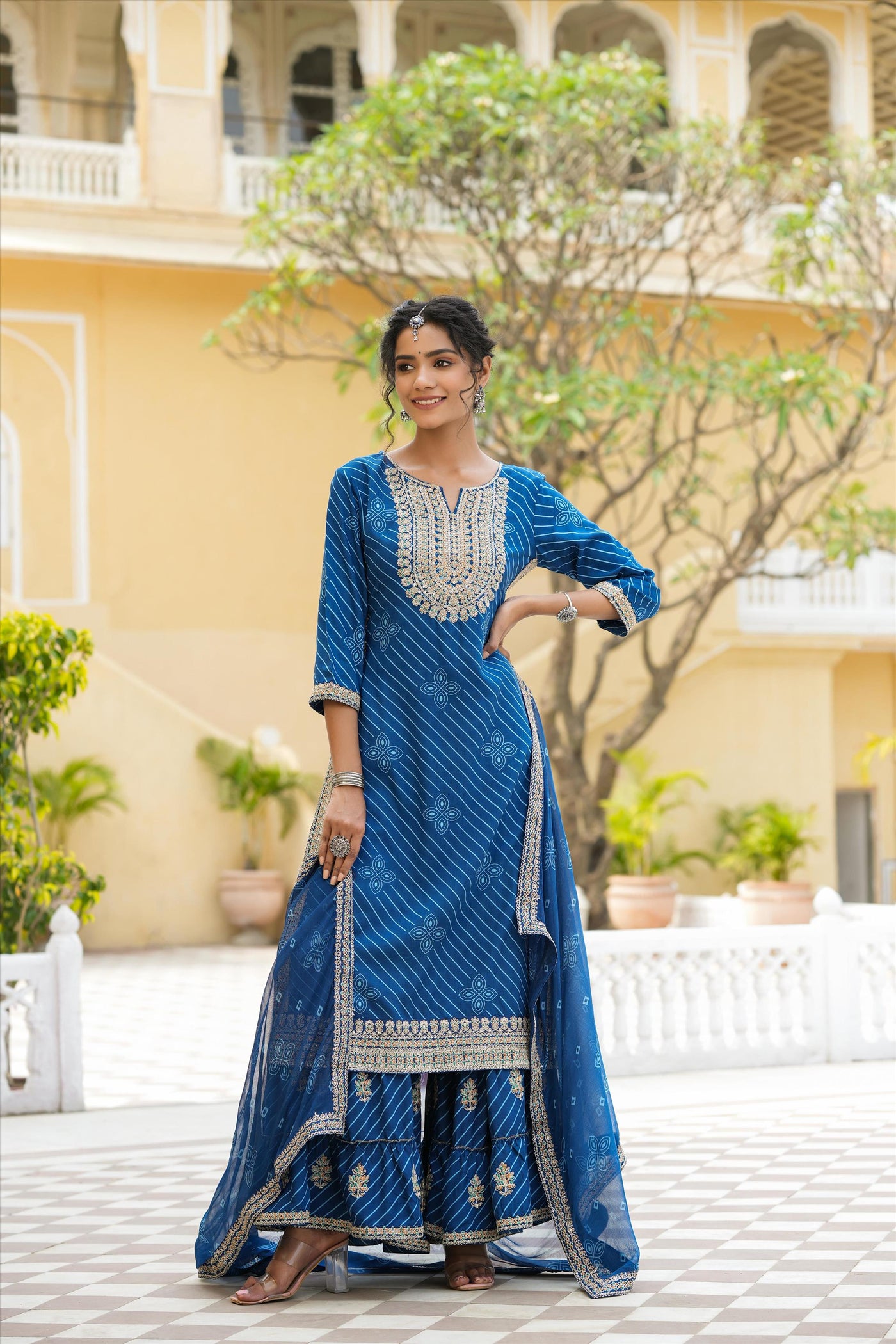 Blue Rayon Leheriya Embroidered Sharara Suit