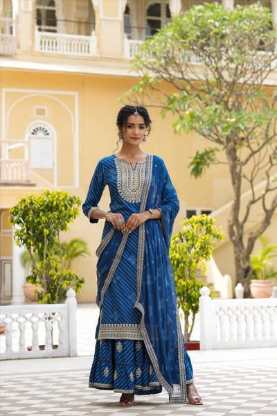  Blue Rayon Leheriya Embroidered Sharara Suit 