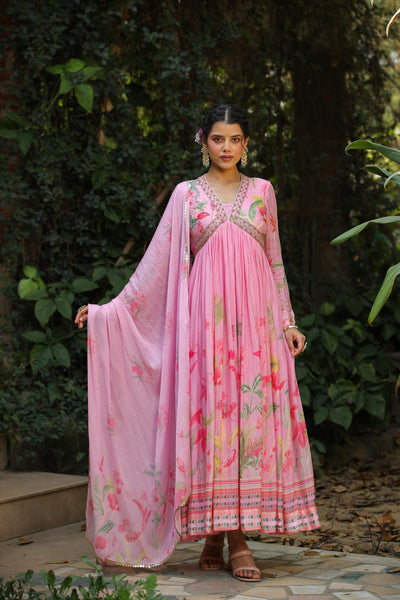 Buy Pink Silk Printed & Hand Embroidered Dress at PinkPhulkari 