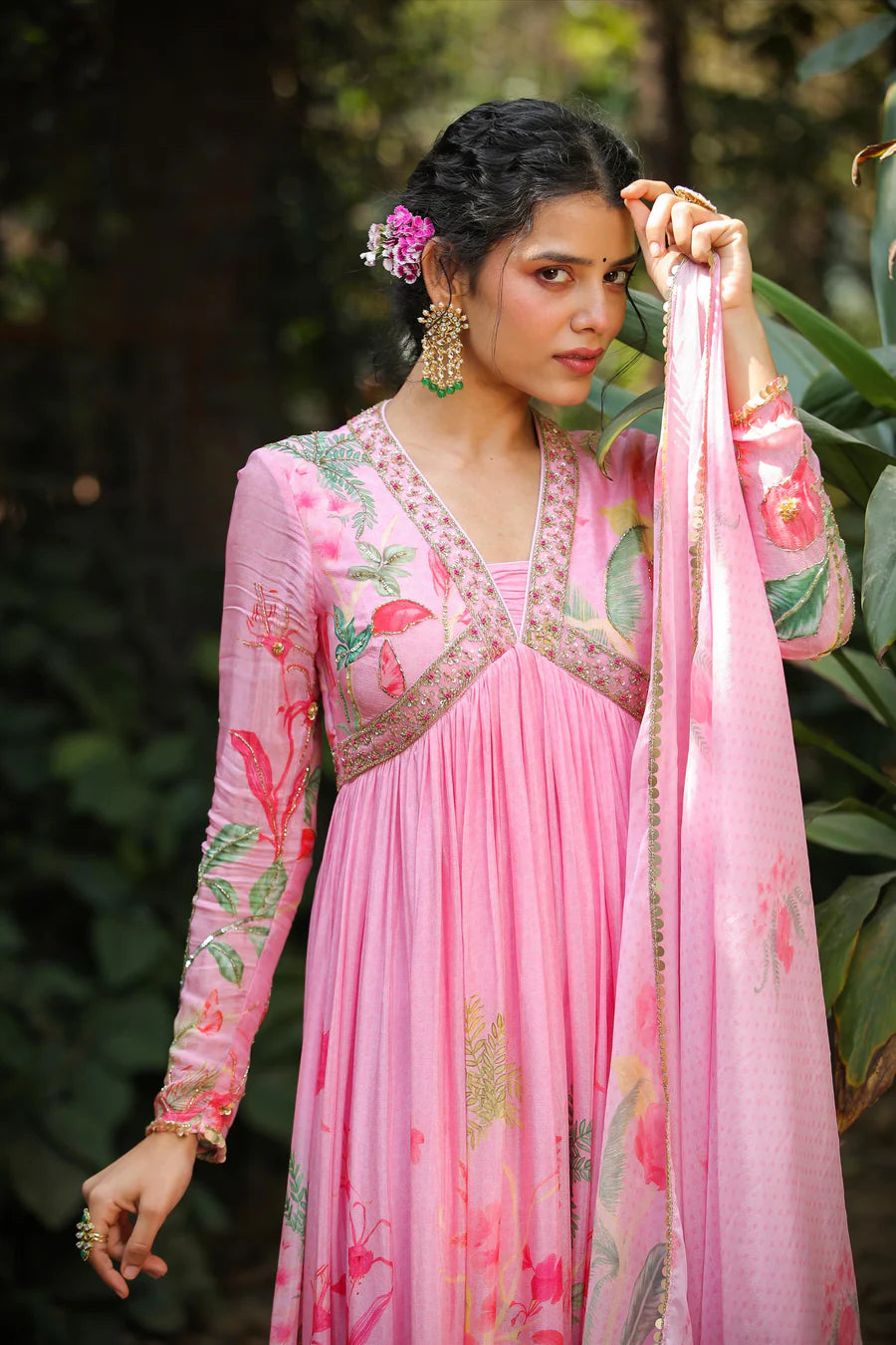 Buy Pink Silk Printed & Hand Embroidered Dress at PinkPhulkari 