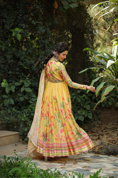 Yellow Silk Printed & Hand Embroidered Dress Yellow Silk Printed & Hand Embroidered Dress 