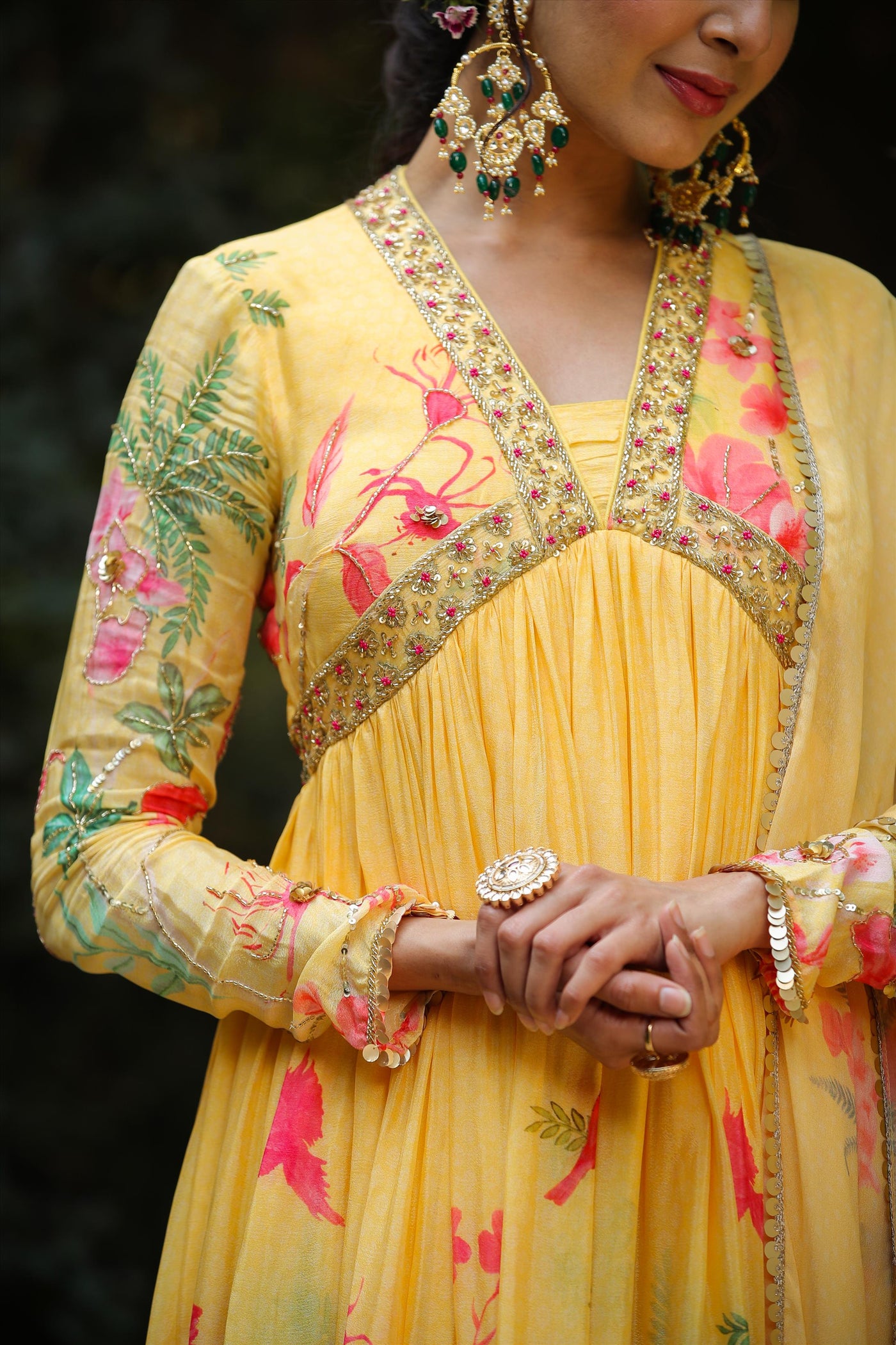 Yellow Silk Printed & Hand Embroidered Dress 