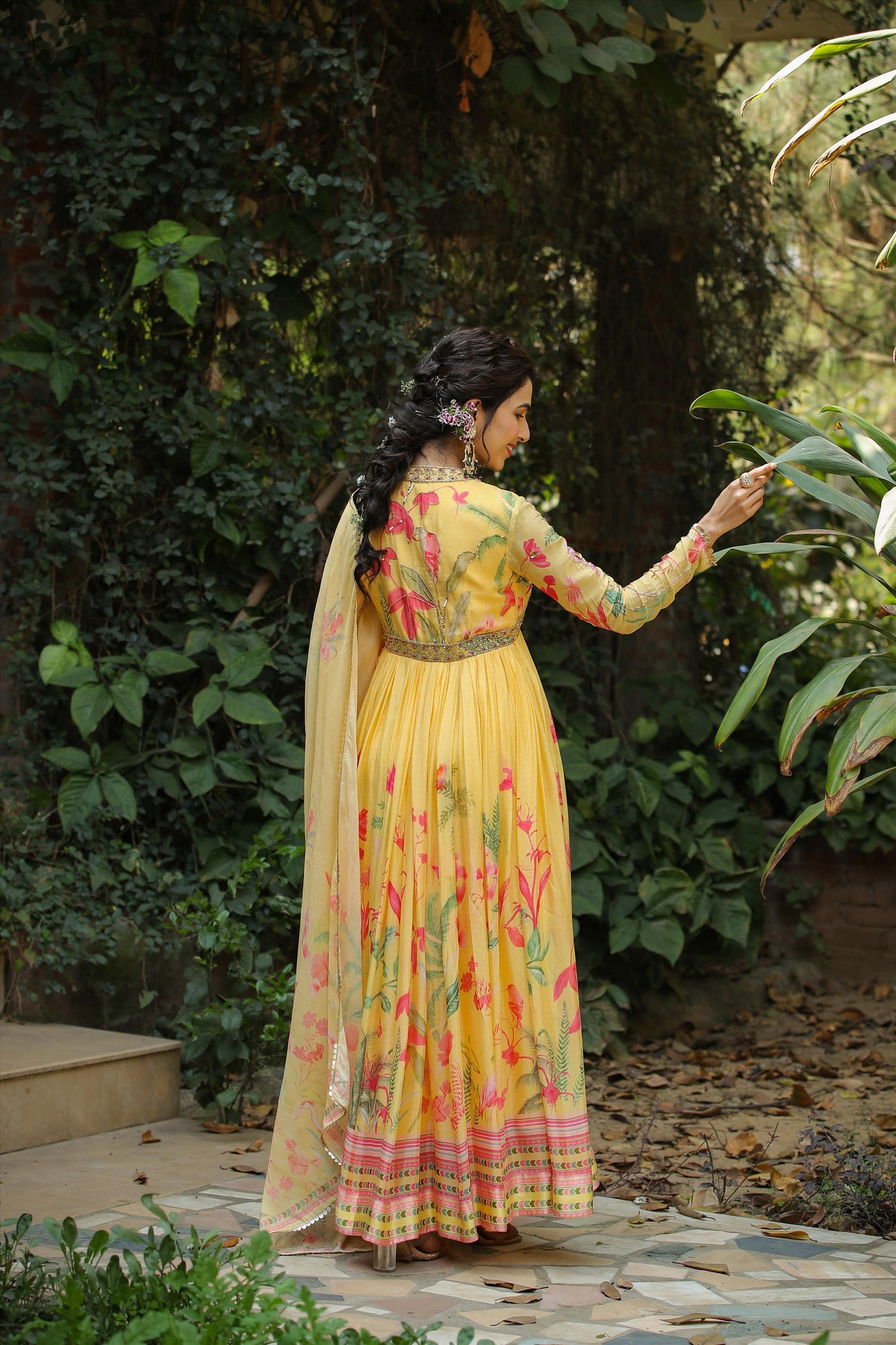 Yellow Silk Printed & Hand Embroidered Dress 