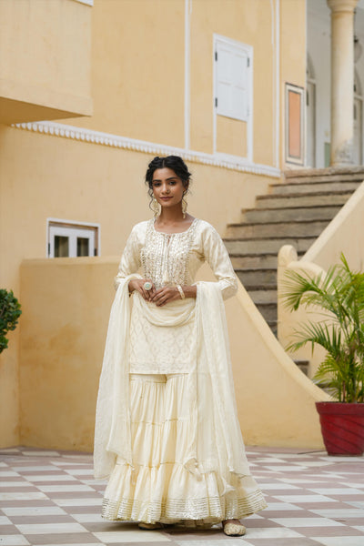 Ivory Chanderi Silk Jacquard Sharara Suit at PinkPhulkari 