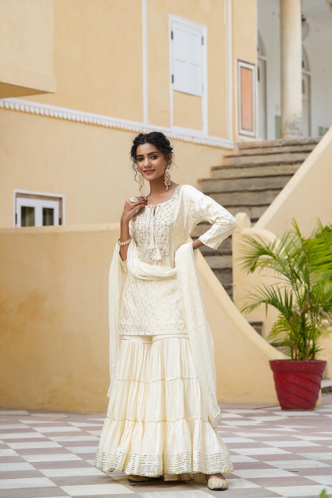 Ivory Chanderi Silk Jacquard Sharara Suit at PinkPhulkari 