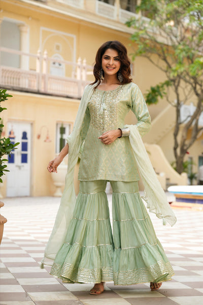Pista Green Chanderi Silk Jacquard Sharara Suit at PinkPhulkari Pista Green Chanderi Silk Jacquard Sharara Suit at PinkPhulkari 