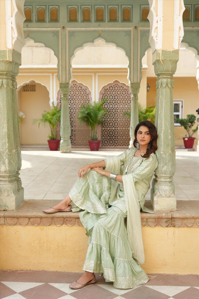 Pista Green Chanderi Silk Jacquard Sharara Suit at PinkPhulkari Pista Green Chanderi Silk Jacquard Sharara Suit at PinkPhulkari 
