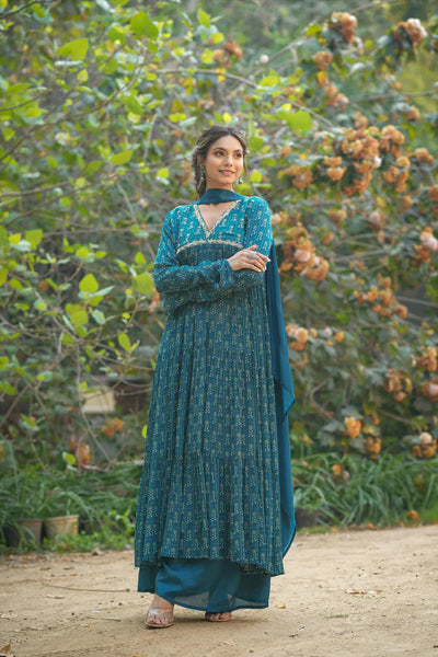 Teal Blue Chinon Silk Anarkali Suit at PinkPhulkari CaliforniaTeal Blue Chinon Silk Anarkali Suit at PinkPhulkari California