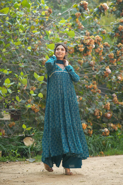 Teal Blue Chinon Silk Anarkali Suit at PinkPhulkari CaliforniaTeal Blue Chinon Silk Anarkali Suit at PinkPhulkari California