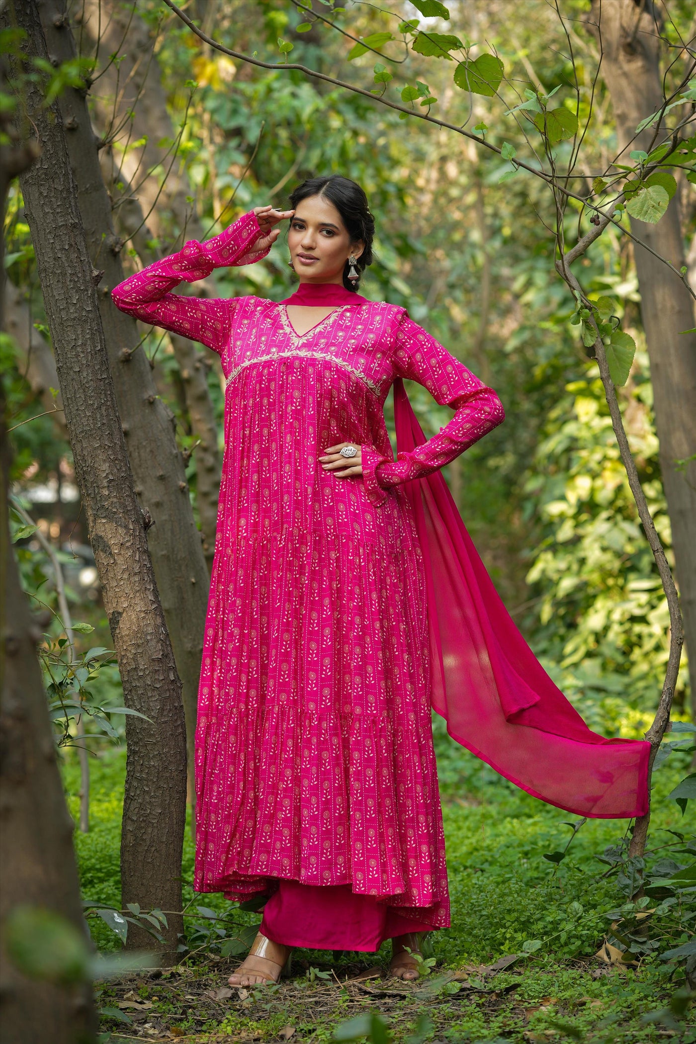 Buy Fuchsia Silk Printed Anarkali Suit at PinkPhulkari California