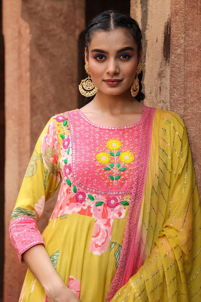 Yellow Embroidered Floral Anarkali Suit at PinkPhulkari CaliforniaYellow Embroidered Floral Anarkali Suit at PinkPhulkari California