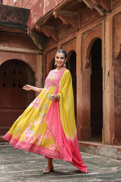 Yellow Embroidered Floral Anarkali Suit at PinkPhulkari CaliforniaYellow Embroidered Floral Anarkali Suit at PinkPhulkari California