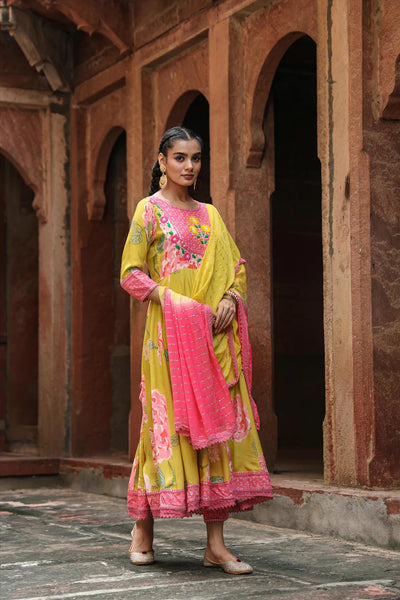 Yellow Embroidered Floral Anarkali Suit at PinkPhulkari CaliforniasYellow Embroidered Floral Anarkali Suit at PinkPhulkari Californias