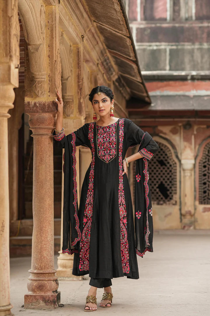 Black Chanderi Silk Kashmiri Embroidery Anarkali Suit Set