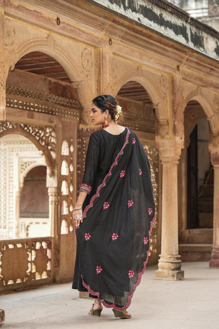 Black Chanderi Silk Kashmiri Embroidery Anarkali Suit Set