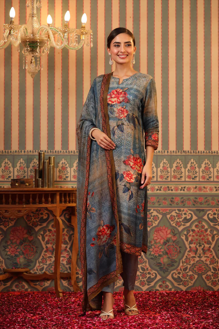 Blue Crepe Silk Floral Print Suit Set at PinkPhulkari California
