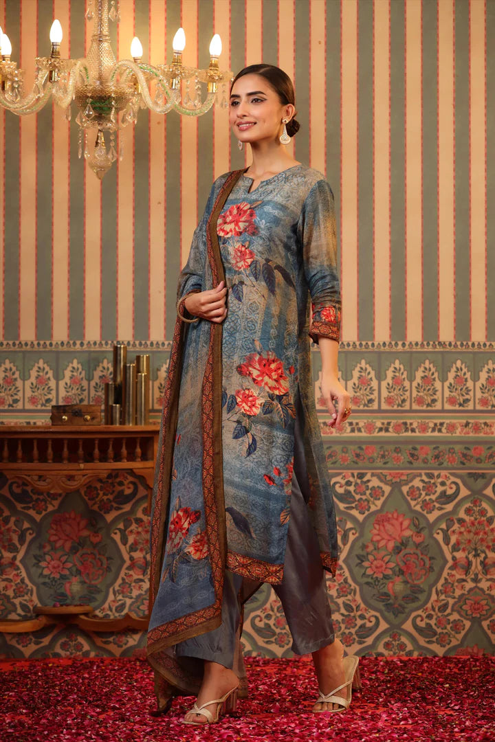 Blue Crepe Silk Floral Print Suit Set at PinkPhulkari California