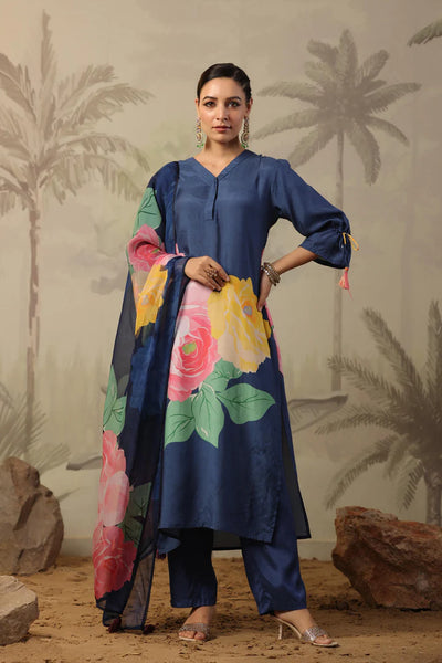 Navy Muslin Silk Floral Print Pant Suit at PinkPhulkari California