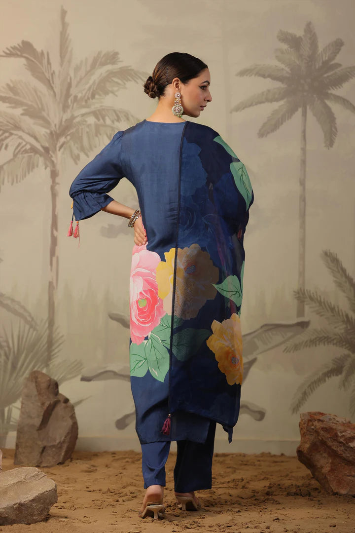 Navy Muslin Silk Floral Print Pant Suit at PinkPhulkari California