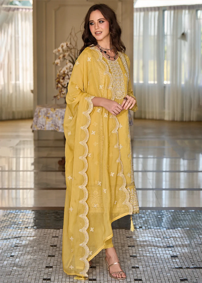 Yellow Gold Embroidery Work Organza Suit at PinkPhulkari CaliforniaYellow Gold Embroidery Work Organza Suit at PinkPhulkari California
