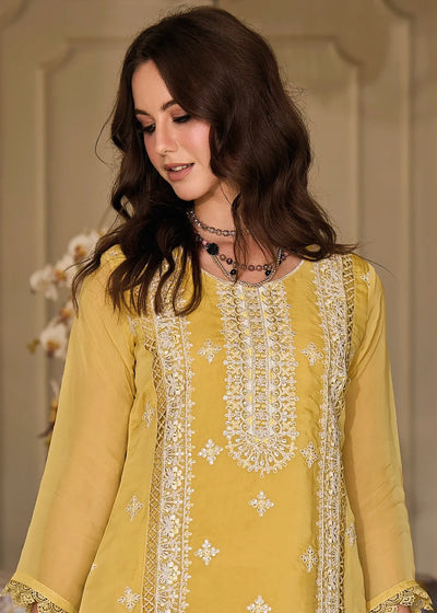 Yellow Gold Embroidery Work Organza Suit at PinkPhulkari CaliforniaYellow Gold Embroidery Work Organza Suit at PinkPhulkari California