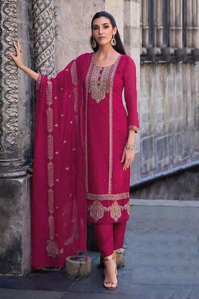 Buy Crimson Red Embroidery Work Organza Suit - PinkPhulkari CaliforniaBuy Crimson Red Embroidery Work Organza Suit - PinkPhulkari California