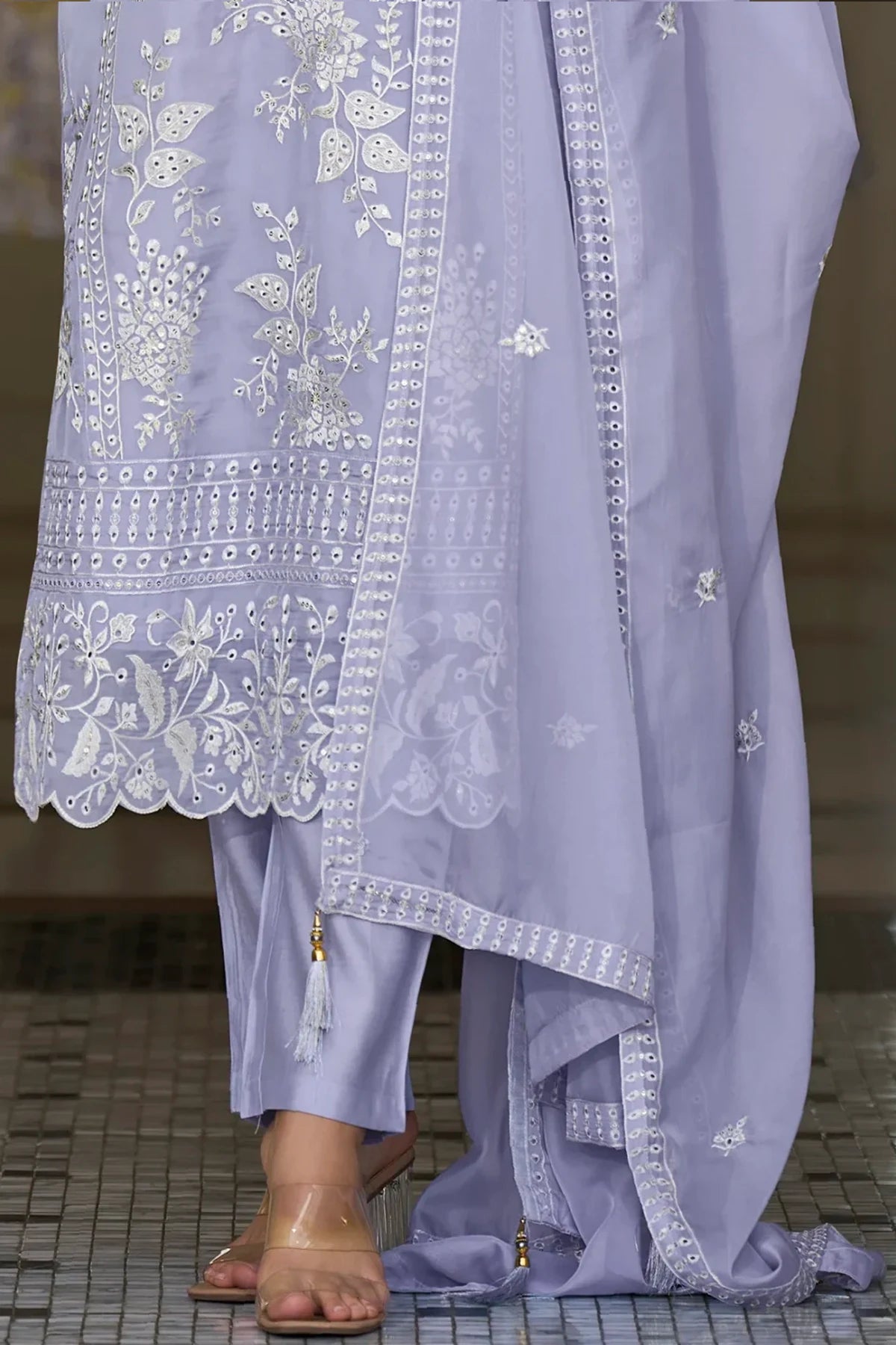 Buy Lavender Embroidery Work Organza Suit at PinkPhulkari California