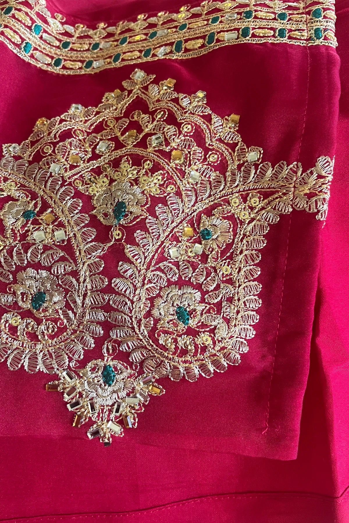 Buy Crimson Red Embroidery Work Organza Suit - PinkPhulkari California