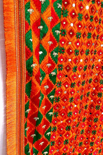 Orange Heavy Bridal Dupatta Phulkari Design at PinkPhulkari CaliforniaOrange Heavy Bridal Dupatta Phulkari Design at PinkPhulkari California