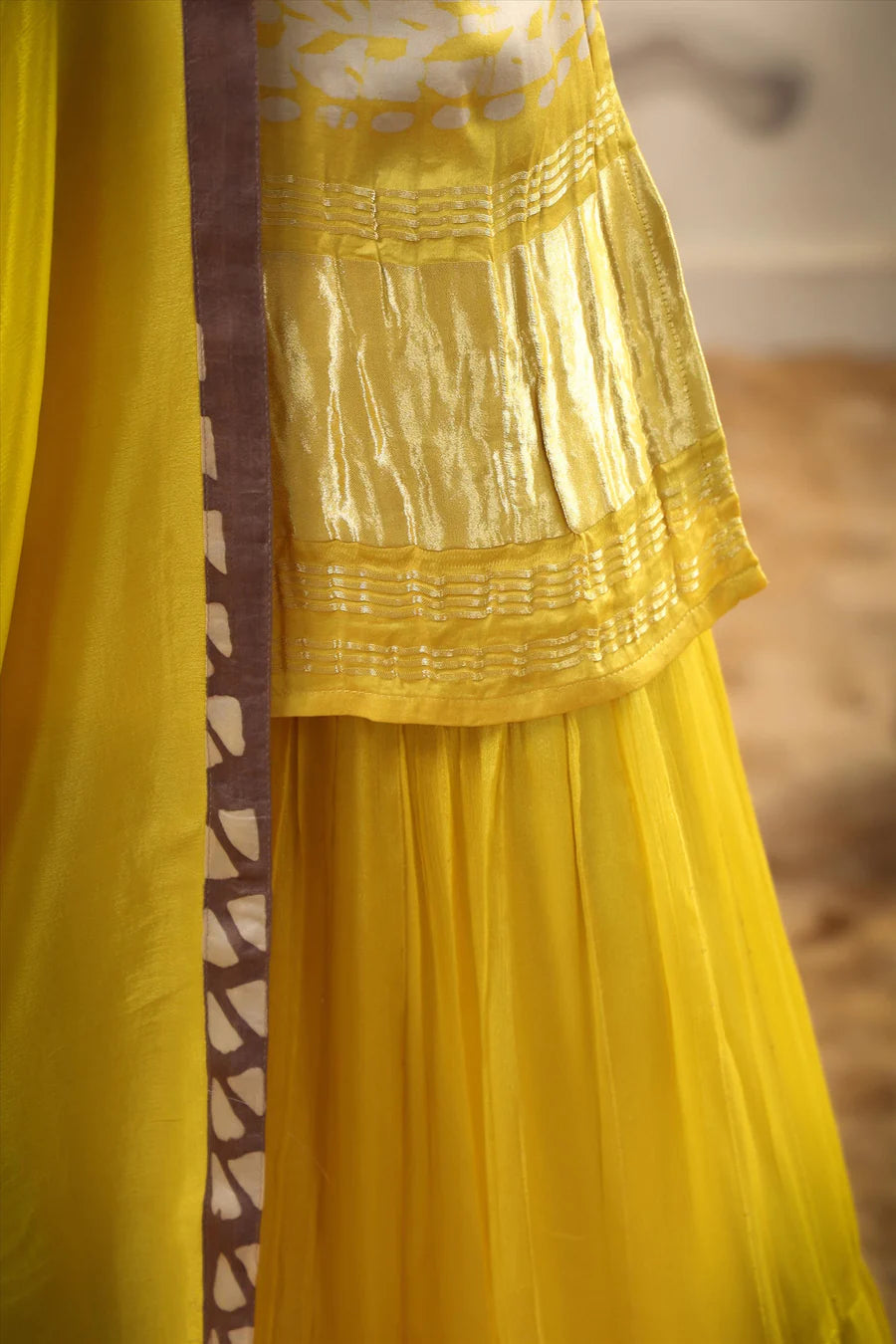 Women's Yellow Gaji Silk Tiered Sharara Suit - PinkPhulkari California