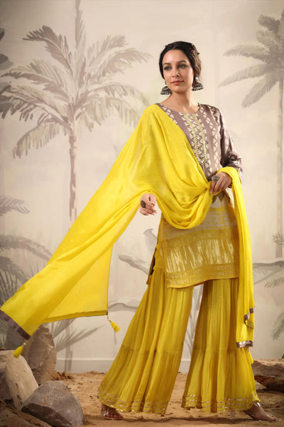 Women's Yellow Gaji Silk Tiered Sharara Suit - PinkPhulkari CaliforniaWomen's Yellow Gaji Silk Tiered Sharara Suit - PinkPhulkari California