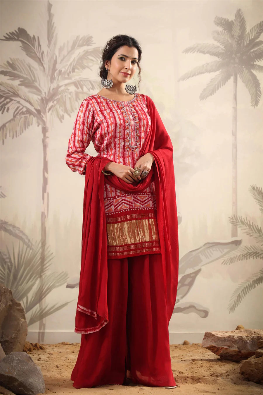 Women's Red Gaji Silk Tiered Sharara Suit at PinkPhulkari California