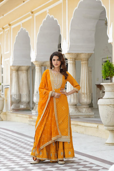 Buy Orange Rayon Leheriya Embroidered Sharara Suit at PinkPhulkari 
